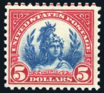 Costs of US Stamps Scott Cat. #573: US$5.00 1923 Freedom Statue Perf 11. Harmer-Schau Auction Galleries, Jun 2008, Sale 78, Lot 1640