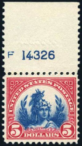 Costs of US Stamp Scott Catalogue #573 - US$5.00 1923 Freedom Statue Perf 11. Harmer-Schau Auction Galleries, Oct 2009, Sale 83, Lot 450