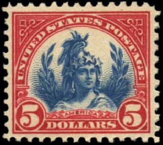 US Stamp Prices Scott Catalogue 573: 1923 US$5.00 Freedom Statue Perf 11. Harmer-Schau Auction Galleries, Feb 2012, Sale 92, Lot 1210