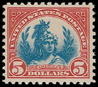 Price of US Stamps Scott Cat. 573 - US$5.00 1923 Freedom Statue Perf 11. H.R. Harmer, Jun 2015, Sale 3007, Lot 3360