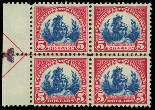Values of US Stamp Scott Catalog # 573 - 1923 US$5.00 Freedom Statue Perf 11. Daniel Kelleher Auctions, Jul 2011, Sale 625, Lot 1090