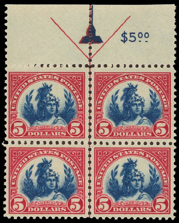 US Stamp Values Scott Catalog #573: US$5.00 1923 Freedom Statue Perf 11. Daniel Kelleher Auctions, Aug 2012, Sale 631, Lot 1330