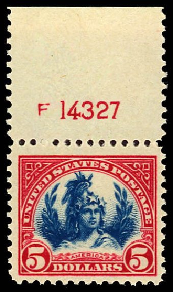 Costs of US Stamps Scott Catalogue #573 - US$5.00 1923 Freedom Statue Perf 11. Daniel Kelleher Auctions, Dec 2012, Sale 633, Lot 950