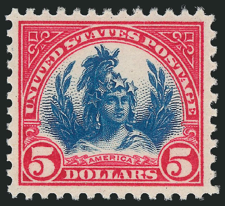 Values of US Stamp Scott Cat. # 573: 1923 US$5.00 Freedom Statue Perf 11. Robert Siegel Auction Galleries, Oct 2011, Sale 1014, Lot 2070