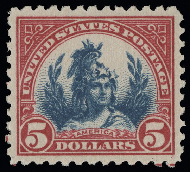 Cost of US Stamps Scott # 573: US$5.00 1923 Freedom Statue Perf 11. Spink Shreves Galleries, Aug 2013, Sale 144, Lot 290