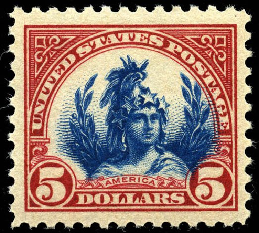 Value of US Stamps Scott # 573: 1923 US$5.00 Freedom Statue Perf 11. Matthew Bennett International, Jun 2008, Sale 328, Lot 1061