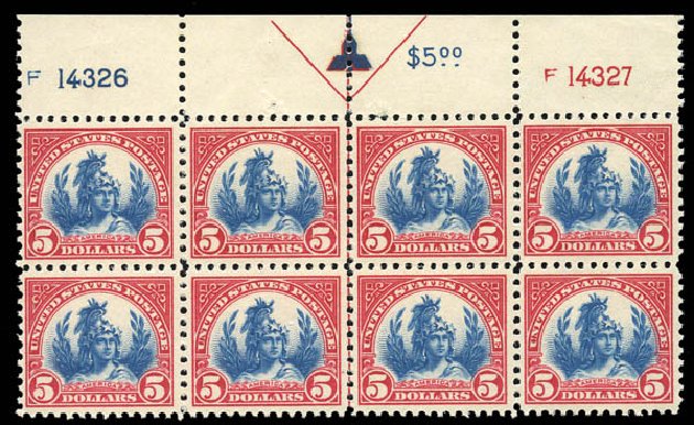 Price of US Stamp Scott # 573 - 1923 US$5.00 Freedom Statue Perf 11. Matthew Bennett International, Mar 2011, Sale 336, Lot 1331