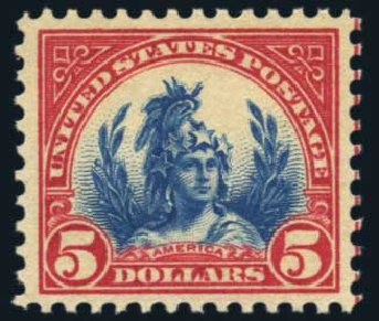 Costs of US Stamp Scott #573 - US$5.00 1923 Freedom Statue Perf 11. Harmer-Schau Auction Galleries, Nov 2014, Sale 103, Lot 141