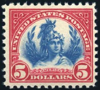 US Stamps Value Scott Catalog #573 - 1923 US$5.00 Freedom Statue Perf 11. Harmer-Schau Auction Galleries, Jun 2008, Sale 78, Lot 1641