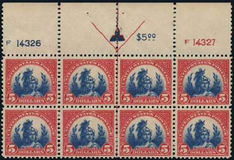 US Stamp Values Scott Catalogue 573 - 1923 US$5.00 Freedom Statue Perf 11. Harmer-Schau Auction Galleries, Oct 2011, Sale 91, Lot 291