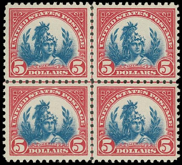 Value of US Stamps Scott Cat. 573: US$5.00 1923 Freedom Statue Perf 11. H.R. Harmer, Oct 2014, Sale 3006, Lot 1411