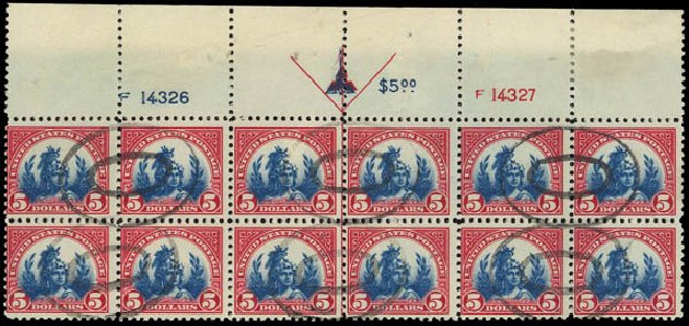 US Stamp Values Scott Catalogue 573 - 1923 US$5.00 Freedom Statue Perf 11. Daniel Kelleher Auctions, Jul 2011, Sale 625, Lot 1091
