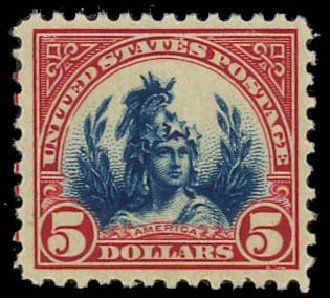 Costs of US Stamps Scott 573: US$5.00 1923 Freedom Statue Perf 11. Daniel Kelleher Auctions, Jan 2012, Sale 628, Lot 571