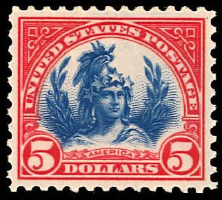 US Stamps Prices Scott Cat. 573: US$5.00 1923 Freedom Statue Perf 11. Daniel Kelleher Auctions, Dec 2012, Sale 633, Lot 951