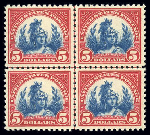Values of US Stamp Scott Catalogue #573 - 1923 US$5.00 Freedom Statue Perf 11. Matthew Bennett International, Sep 2010, Sale 333, Lot 3804