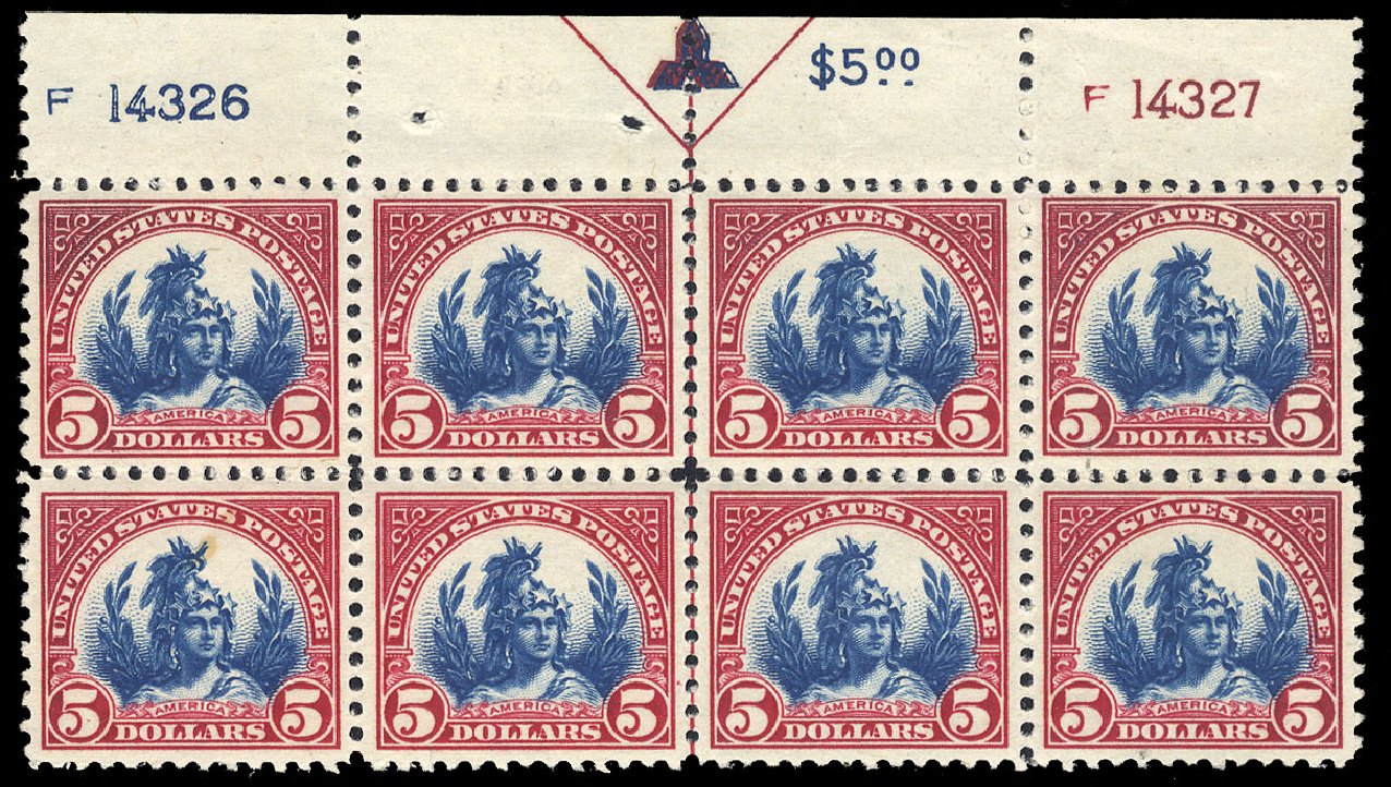 Prices of US Stamps Scott Catalog 573: 1923 US$5.00 Freedom Statue Perf 11. Cherrystone Auctions, Jun 2010, Sale 201006, Lot 34