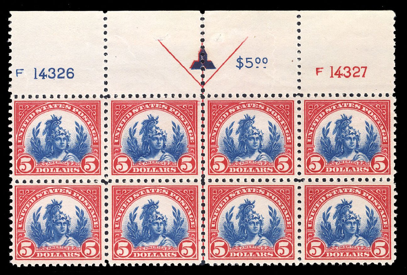 Values of US Stamp Scott Catalog 573 - 1923 US$5.00 Freedom Statue Perf 11. Cherrystone Auctions, Jul 2013, Sale 201307, Lot 144