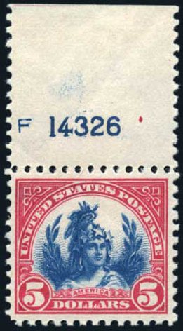 Values of US Stamp Scott Catalogue 573 - 1923 US$5.00 Freedom Statue Perf 11. Harmer-Schau Auction Galleries, Feb 2010, Sale 84, Lot 1644