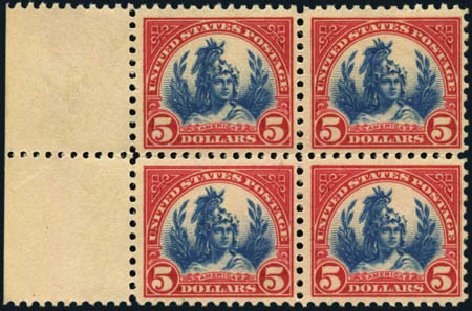 Values of US Stamps Scott Cat. # 573: US$5.00 1923 Freedom Statue Perf 11. Harmer-Schau Auction Galleries, Jan 2013, Sale 96, Lot 604