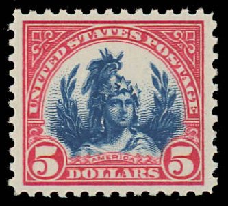 US Stamps Value Scott Cat. #573 - 1923 US$5.00 Freedom Statue Perf 11. Daniel Kelleher Auctions, Jul 2011, Sale 625, Lot 1084
