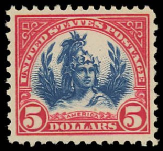 Costs of US Stamp Scott # 573 - 1923 US$5.00 Freedom Statue Perf 11. Daniel Kelleher Auctions, Apr 2012, Sale 629, Lot 404