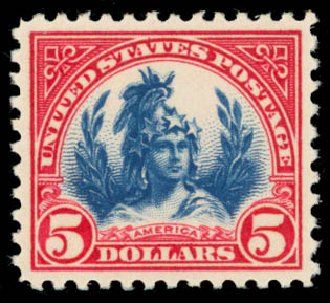 Costs of US Stamps Scott Catalog # 573: 1923 US$5.00 Freedom Statue Perf 11. Daniel Kelleher Auctions, Oct 2014, Sale 660, Lot 2444