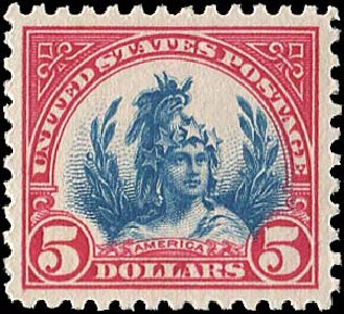 US Stamp Value Scott Cat. #573 - US$5.00 1923 Freedom Statue Perf 11. Regency-Superior, Nov 2014, Sale 108, Lot 984