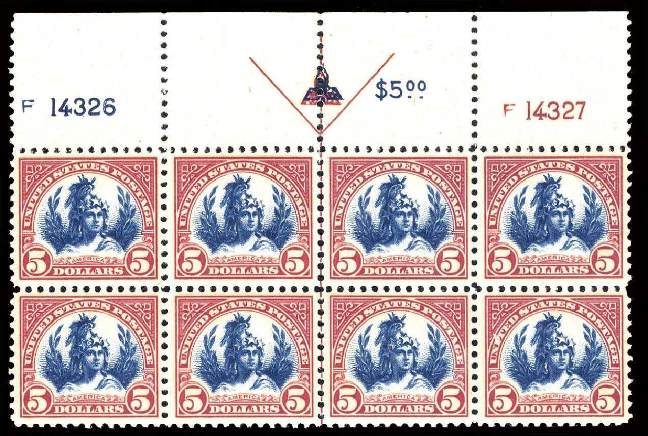 Cost of US Stamps Scott Catalogue 573 - 1923 US$5.00 Freedom Statue Perf 11. Cherrystone Auctions, Jun 2012, Sale 201206, Lot 135