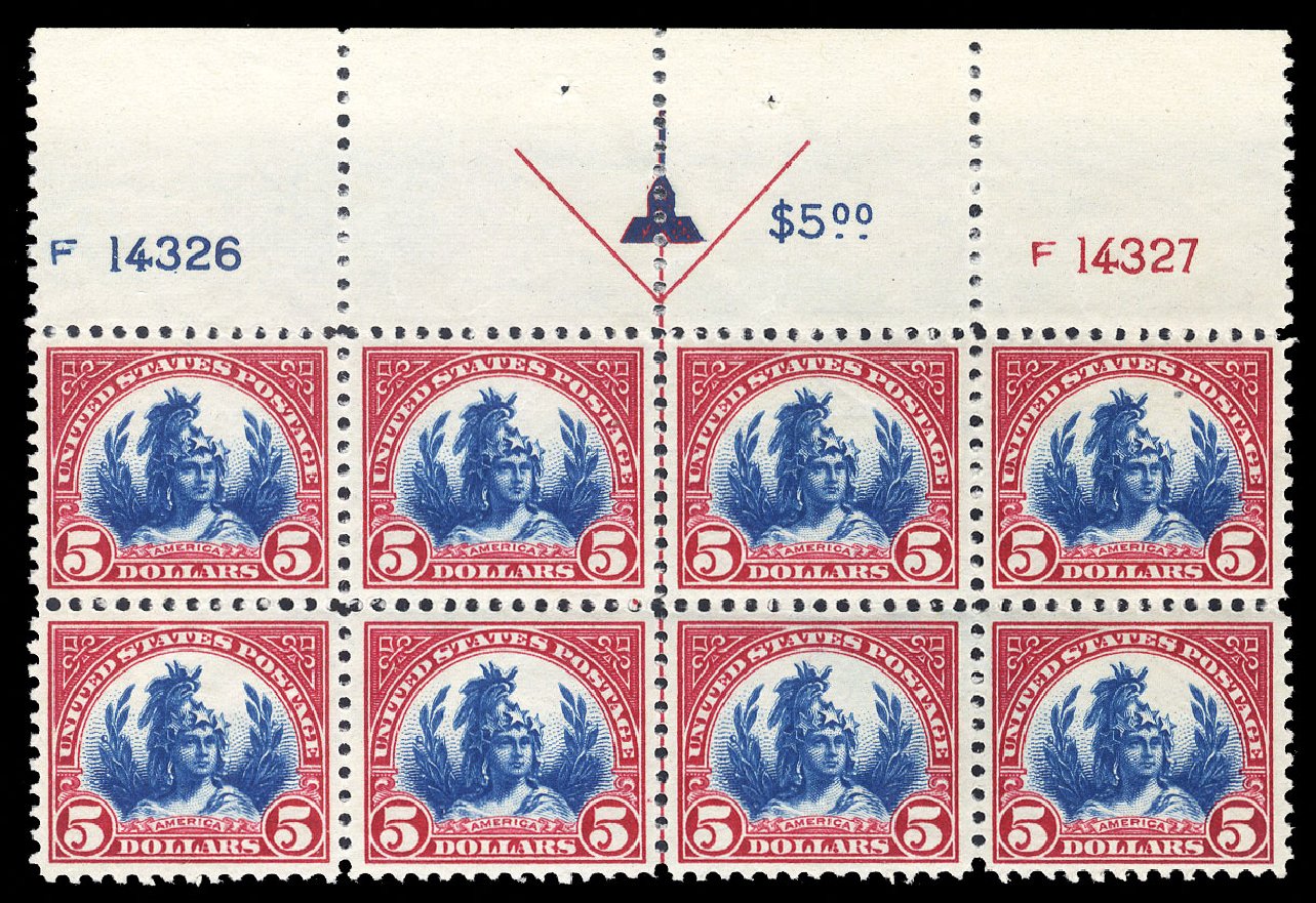 Costs of US Stamps Scott Catalogue 573 - US$5.00 1923 Freedom Statue Perf 11. Cherrystone Auctions, Jul 2013, Sale 201307, Lot 145