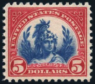 US Stamps Value Scott Catalogue 573 - US$5.00 1923 Freedom Statue Perf 11. Harmer-Schau Auction Galleries, Oct 2013, Sale 99, Lot 205