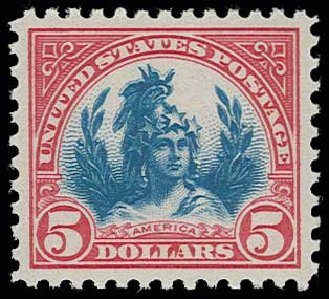 Price of US Stamp Scott #573 - US$5.00 1923 Freedom Statue Perf 11. H.R. Harmer, Jun 2013, Sale 3003, Lot 1405
