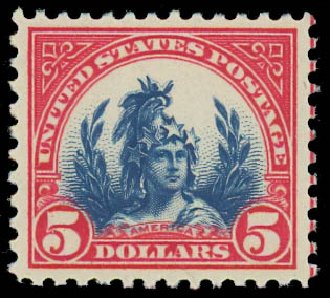 Prices of US Stamps Scott Cat. 573: 1923 US$5.00 Freedom Statue Perf 11. Daniel Kelleher Auctions, Jul 2011, Sale 625, Lot 1085