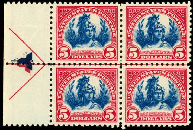 US Stamp Value Scott #573 - US$5.00 1923 Freedom Statue Perf 11. Daniel Kelleher Auctions, Dec 2013, Sale 640, Lot 465