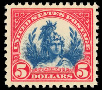 Price of US Stamp Scott # 573: US$5.00 1923 Freedom Statue Perf 11. Daniel Kelleher Auctions, Oct 2014, Sale 660, Lot 2445