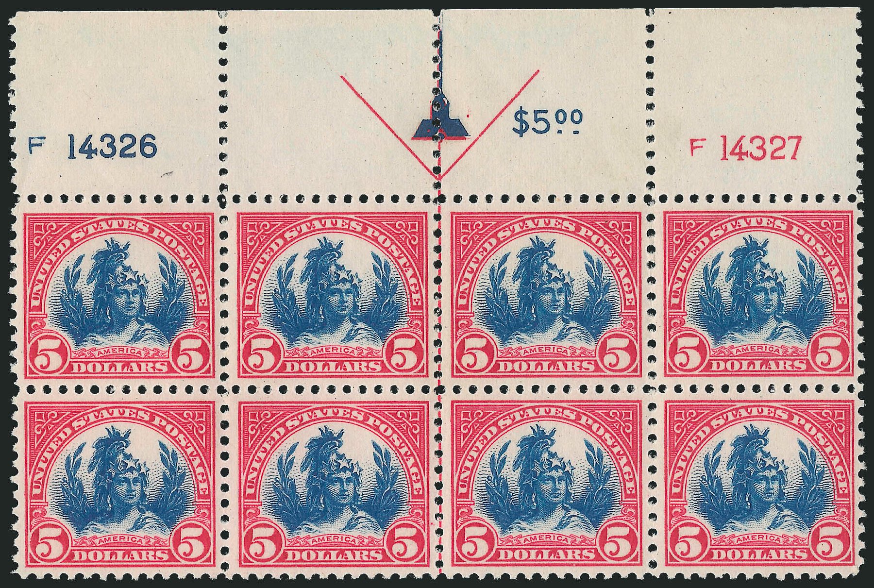 Values of US Stamp Scott # 573 - US$5.00 1923 Freedom Statue Perf 11. Robert Siegel Auction Galleries, Sep 2014, Sale 1078, Lot 605