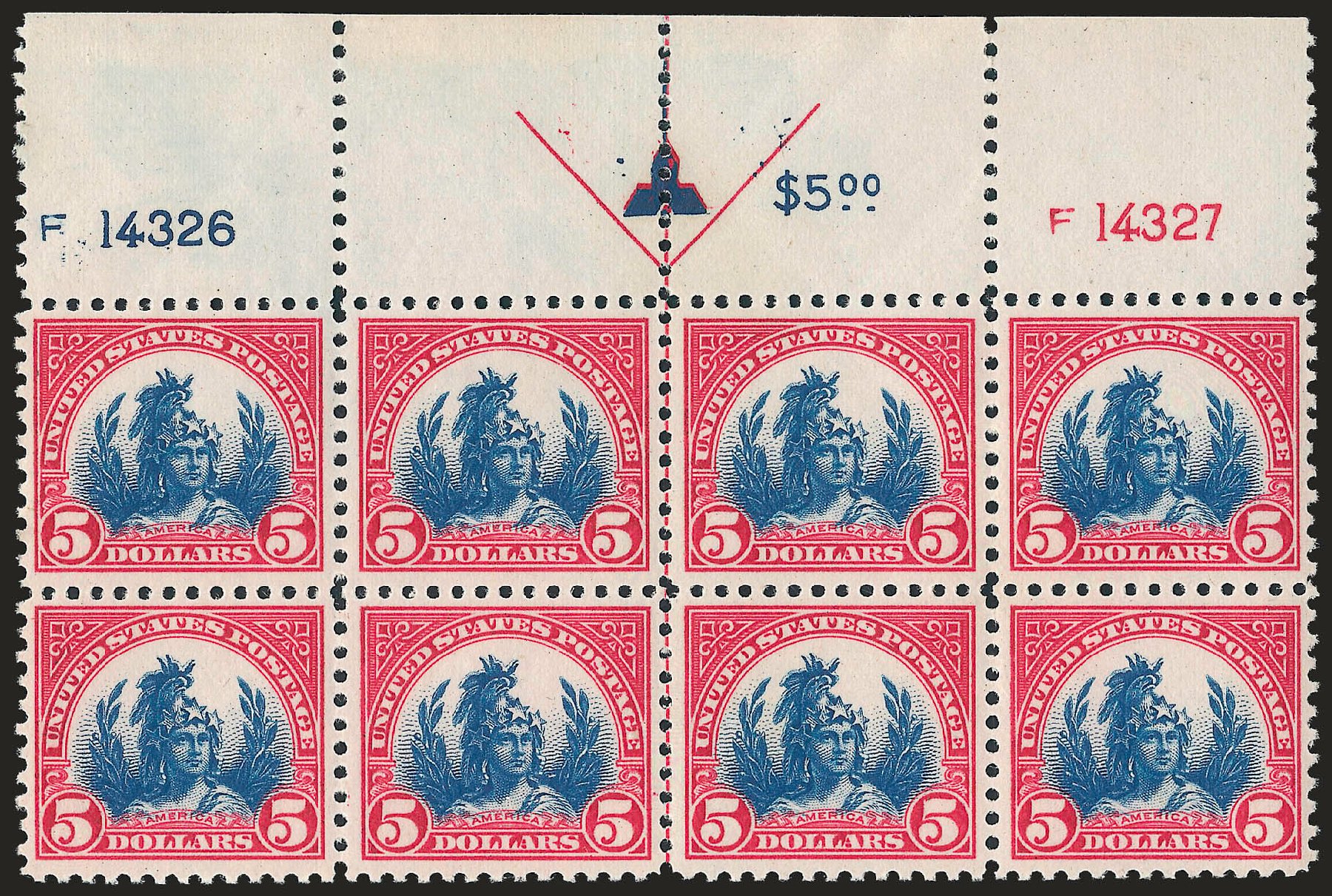 Cost of US Stamp Scott Catalogue # 573: US$5.00 1923 Freedom Statue Perf 11. Robert Siegel Auction Galleries, Dec 2008, Sale 967, Lot 4955