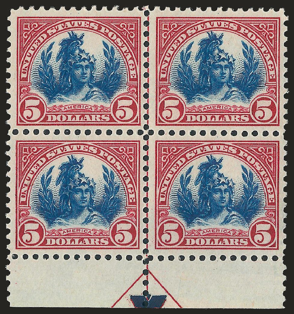 Values of US Stamp Scott Catalogue # 573 - US$5.00 1923 Freedom Statue Perf 11. Robert Siegel Auction Galleries, Sep 2009, Sale 976, Lot 2165