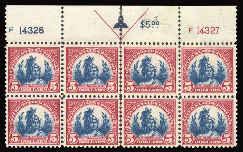Values of US Stamps Scott Catalogue # 573 - US$5.00 1923 Freedom Statue Perf 11. Cherrystone Auctions, Jun 2012, Sale 201206, Lot 132