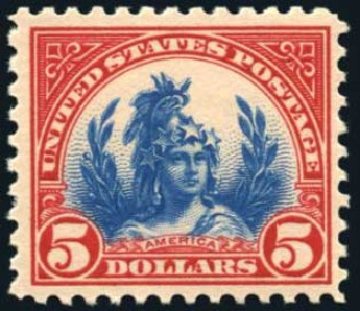 Cost of US Stamp Scott Catalog # 573 - 1923 US$5.00 Freedom Statue Perf 11. Harmer-Schau Auction Galleries, Oct 2008, Sale 79, Lot 232