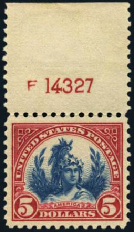 Costs of US Stamp Scott Cat. # 573: 1923 US$5.00 Freedom Statue Perf 11. Harmer-Schau Auction Galleries, Jan 2013, Sale 96, Lot 602