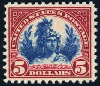 Price of US Stamps Scott Catalog 573: 1923 US$5.00 Freedom Statue Perf 11. Harmer-Schau Auction Galleries, May 2013, Sale 97, Lot 402