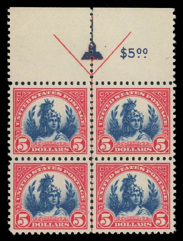 Price of US Stamp Scott Catalogue 573 - US$5.00 1923 Freedom Statue Perf 11. Daniel Kelleher Auctions, Jan 2012, Sale 628, Lot 572
