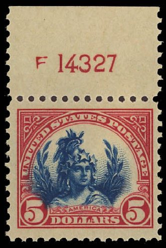US Stamp Values Scott Catalog # 573: 1923 US$5.00 Freedom Statue Perf 11. Daniel Kelleher Auctions, Jun 2012, Sale 630, Lot 1912