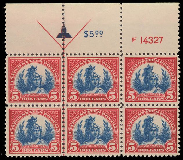 Cost of US Stamp Scott Cat. 573 - 1923 US$5.00 Freedom Statue Perf 11. Daniel Kelleher Auctions, Aug 2012, Sale 631, Lot 1332