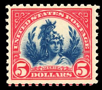 Values of US Stamp Scott 573 - US$5.00 1923 Freedom Statue Perf 11. Daniel Kelleher Auctions, Dec 2012, Sale 633, Lot 952