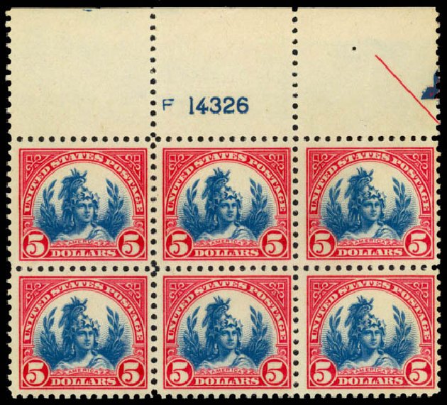 Values of US Stamp Scott Catalogue 573: US$5.00 1923 Freedom Statue Perf 11. Daniel Kelleher Auctions, Sep 2014, Sale 655, Lot 582