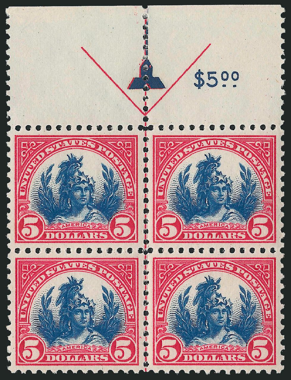 US Stamps Value Scott Catalog #573 - US$5.00 1923 Freedom Statue Perf 11. Robert Siegel Auction Galleries, Nov 2013, Sale 1061, Lot 4012