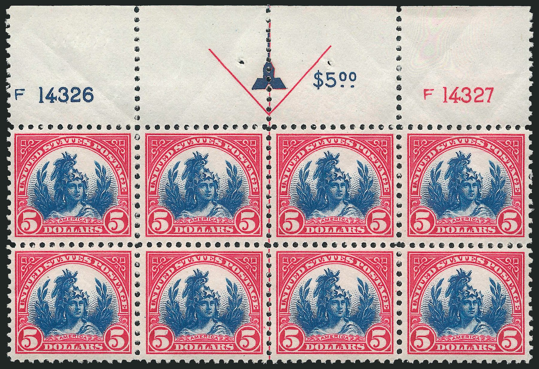 US Stamp Values Scott 573 - 1923 US$5.00 Freedom Statue Perf 11. Robert Siegel Auction Galleries, Apr 2009, Sale 971, Lot 1852