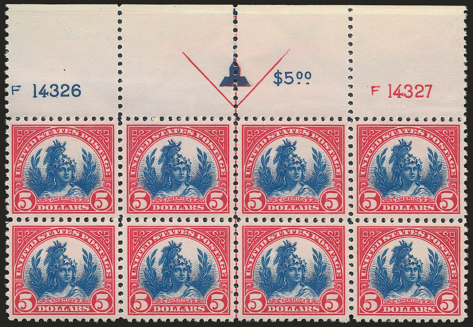 Value of US Stamps Scott Cat. 573: US$5.00 1923 Freedom Statue Perf 11. Robert Siegel Auction Galleries, Apr 2010, Sale 984, Lot 992