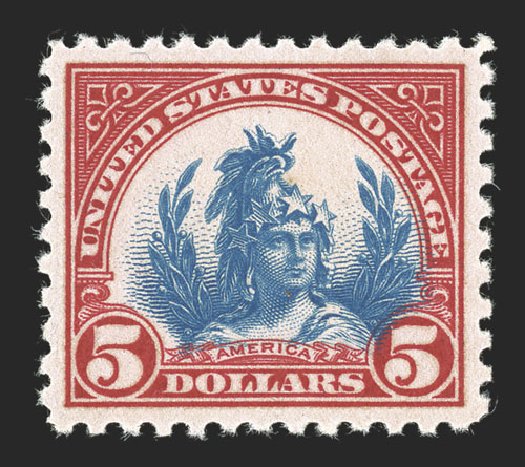 Value of US Stamp Scott #573: US$5.00 1923 Freedom Statue Perf 11. Spink Shreves Galleries, Nov 2012, Sale 141, Lot 192